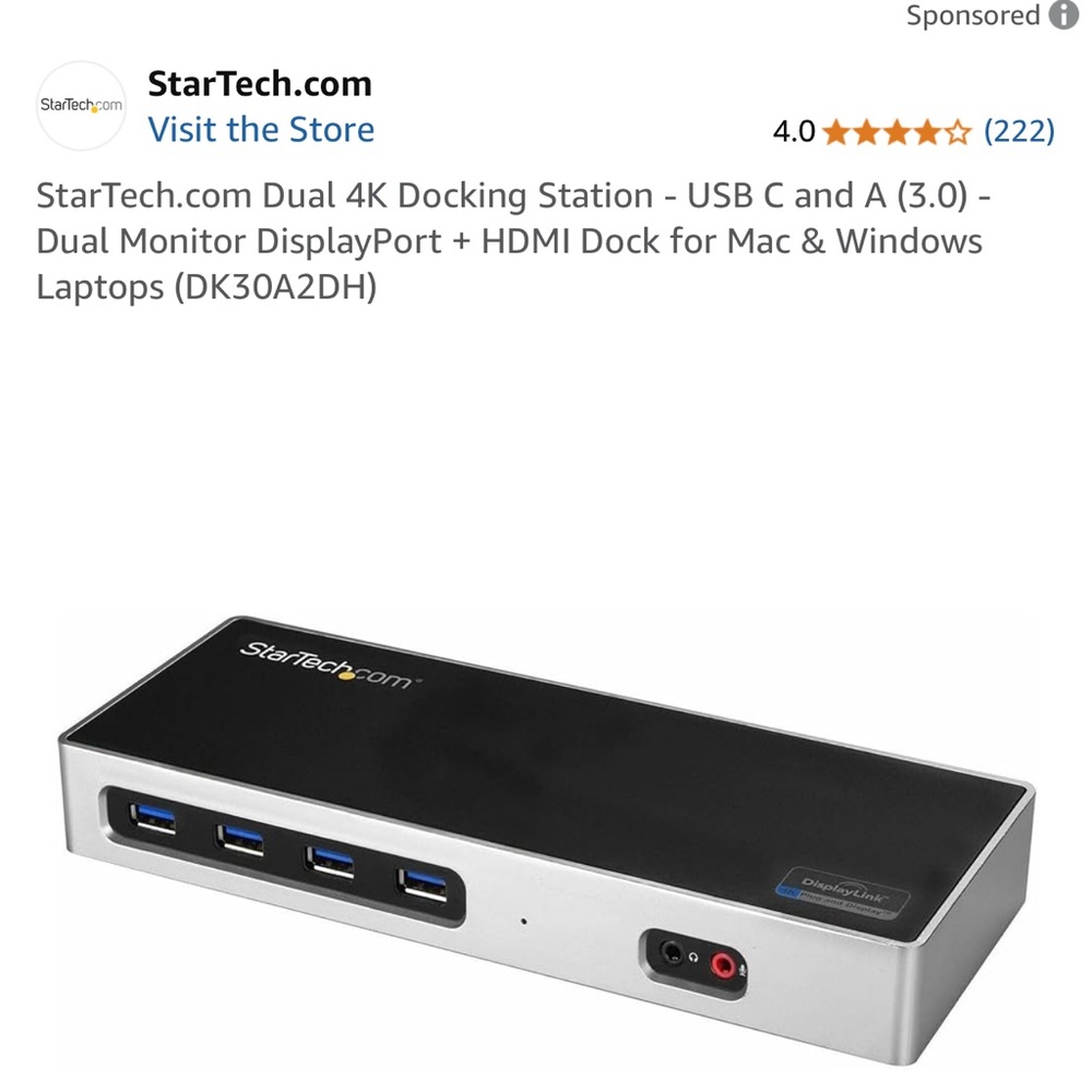 Startech Dual-4K Monitor USB 3.0/USB-C Docking Station